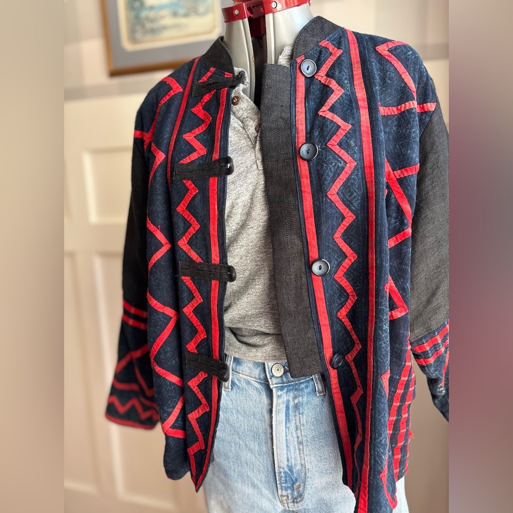 Vintage Linen Indigo Handcrafted Jacket with Bold Red Geometric Trim Large